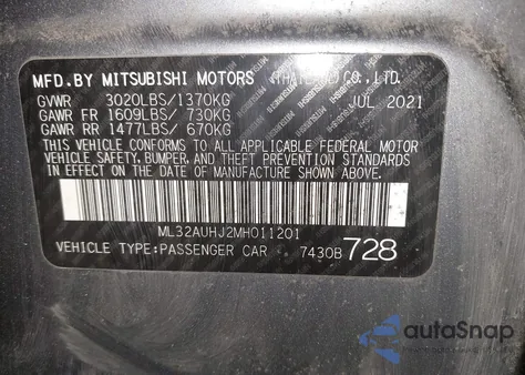 2021 Mitsubishi Mirage Carbonite Edition/Es/Le from USA, damaged, VIN ML32AUHJ2MH011201